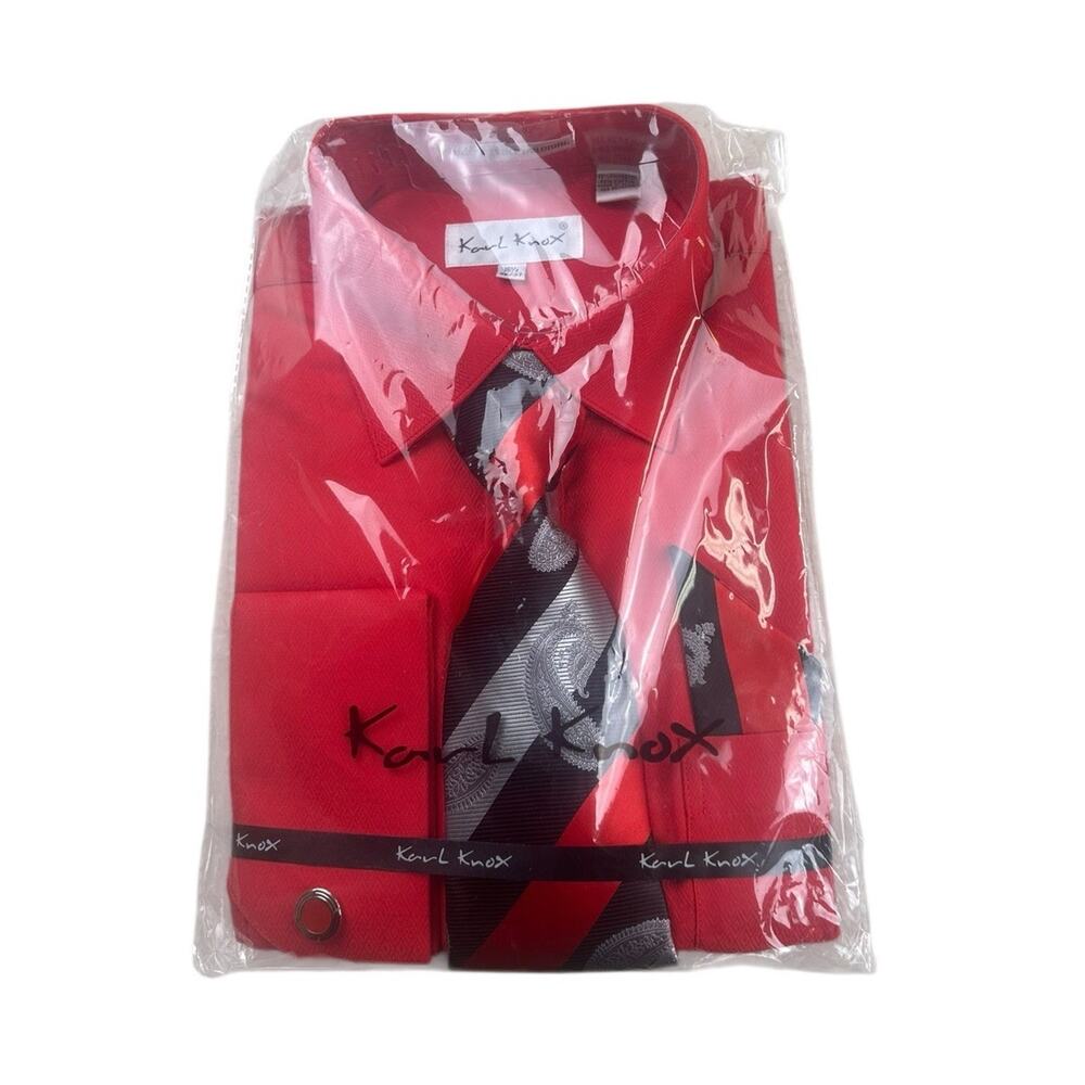 Karl Knox Men’s Dress Shirt With Tie Set Fire Red Size 16.5 36/37 New